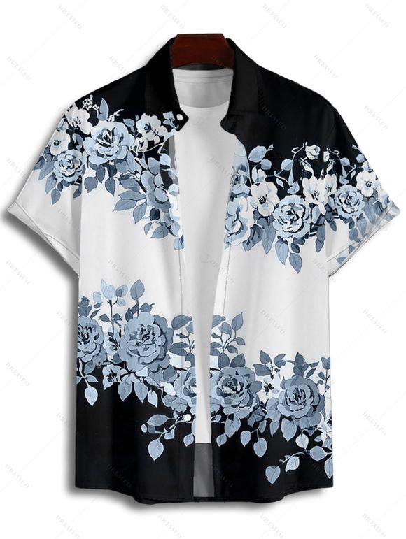 Vacation Couple Outfit Contrast Color Floral Leaf Pattern Slit Flare Sleeve V Neck A Line Midi Dress and Button Up Shirt Casual Matching Outfit - Noir S | US 4