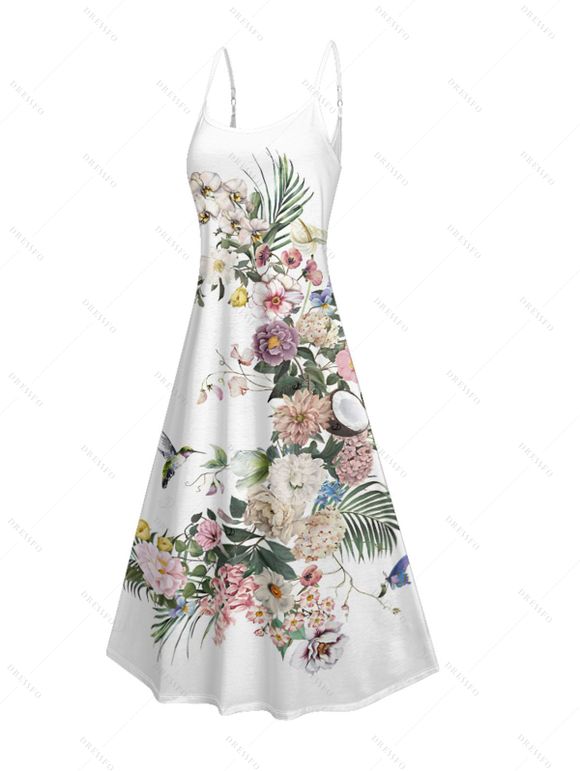 Wedding Couple Outfit Flower Leaf Pattern Pocket Adjustable Spaghetti Strap A Line Long Tank Dress and Button Up Shirt Vacation Matching Outfit - Blanc S | US 4