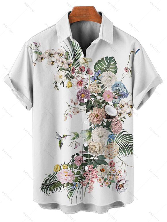 Wedding Couple Outfit Flower Leaf Pattern Pocket Adjustable Spaghetti Strap A Line Long Tank Dress and Button Up Shirt Vacation Matching Outfit - Blanc S | US 4