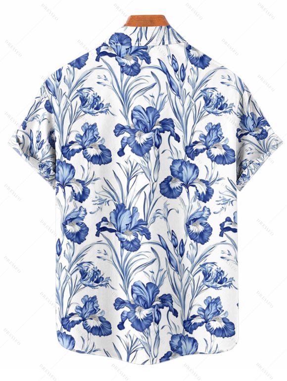 Chemise de vacances à motif floral et feuilles pour homme, boutonnée, retroussée, manches courtes, décontractée - Bleu 4XL