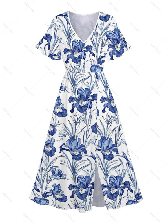 Robe de vacances fendue à motif floral et feuilles, manches évasées, col en V, coupe trapèze, mi-longue, décontractée - Bleu M | US 6