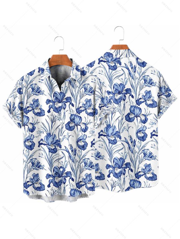 Chemise de vacances à motif floral et feuilles pour homme, boutonnée, retroussée, manches courtes, décontractée - Bleu 4XL