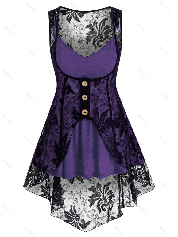 Ensemble haut caraco évasé chiné et gilet en dentelle fleurie à fente et boutons factices - Concorde 4XL