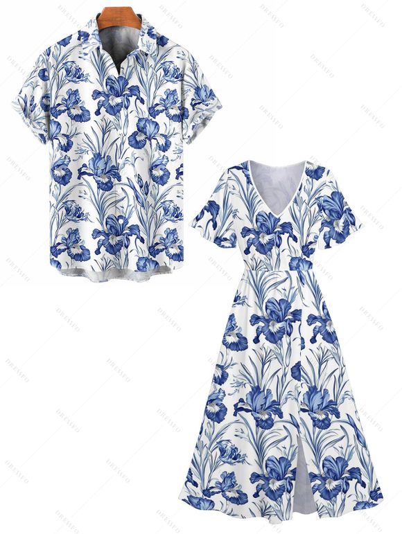 Vacation Couple Outfit Allover Flower Leaf Pattern Slit Flare Sleeve Dress and Button Up Shirt Casual Matching Outfit - Bleu S | US 4