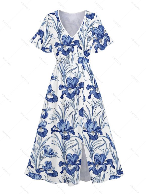 Vacation Couple Outfit Allover Flower Leaf Pattern Slit Flare Sleeve Dress and Button Up Shirt Casual Matching Outfit - Bleu S | US 4