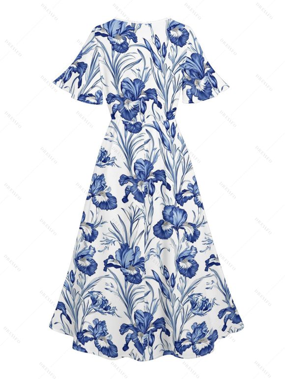 Vacation Couple Outfit Allover Flower Leaf Pattern Slit Flare Sleeve Dress and Button Up Shirt Casual Matching Outfit - Bleu S | US 4