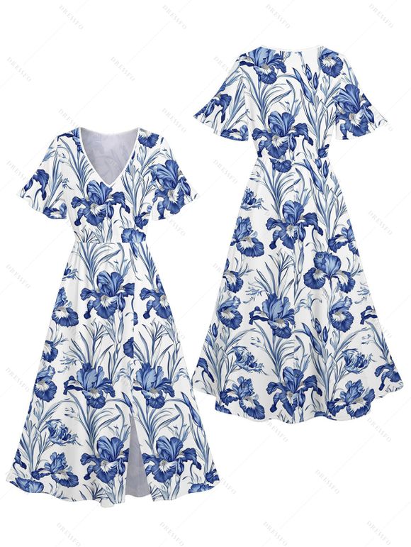 Vacation Couple Outfit Allover Flower Leaf Pattern Slit Flare Sleeve Dress and Button Up Shirt Casual Matching Outfit - Bleu S | US 4
