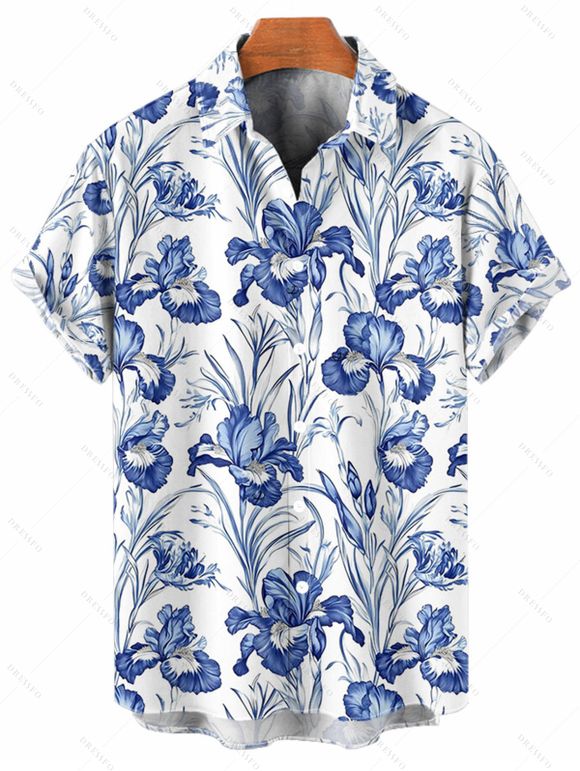 Vacation Couple Outfit Allover Flower Leaf Pattern Slit Flare Sleeve Dress and Button Up Shirt Casual Matching Outfit - Bleu S | US 4