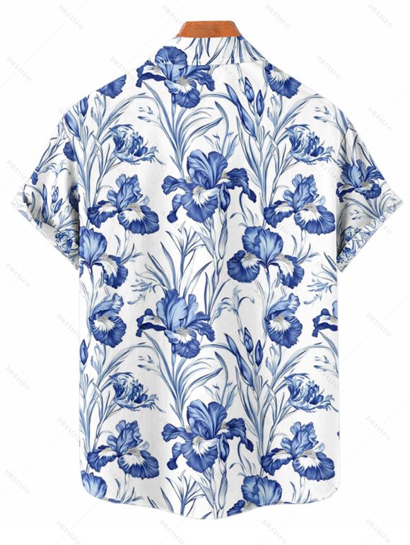 Vacation Couple Outfit Allover Flower Leaf Pattern Slit Flare Sleeve Dress and Button Up Shirt Casual Matching Outfit - Bleu S | US 4