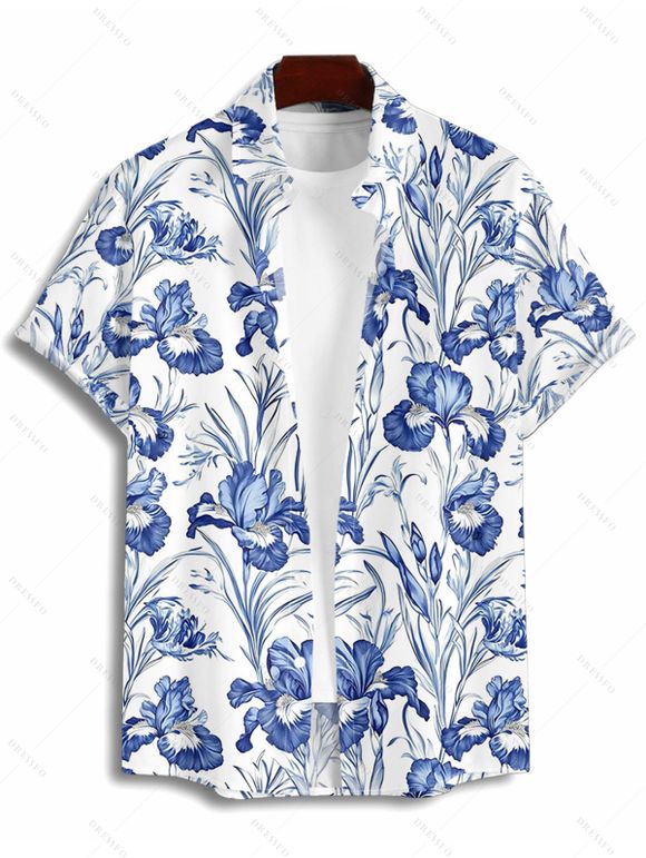 Vacation Couple Outfit Allover Flower Leaf Pattern Slit Flare Sleeve Dress and Button Up Shirt Casual Matching Outfit - Bleu S | US 4