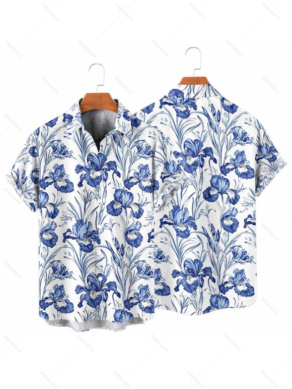 Vacation Couple Outfit Allover Flower Leaf Pattern Slit Flare Sleeve Dress and Button Up Shirt Casual Matching Outfit - Bleu S | US 4