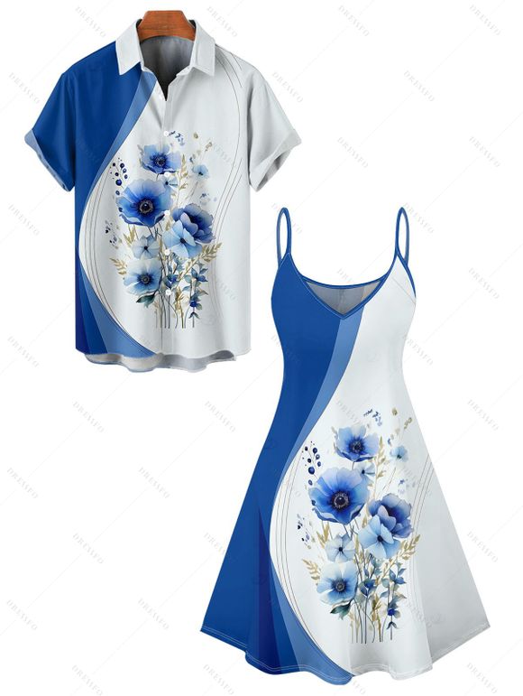 Wedding Couple Outfit Flower Colorblock Pattern Spaghetti Strap V Neck A Line Mini Tank Dress and Button Up Shirt Vacation Matching Outfit - Bleu S | US 4