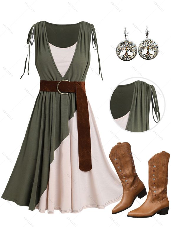 Women Vacation Outfit Colorblock Cinched Shoulder O-ring Belt Faux Twinset Dress and Round Shape Life Tree Pattern Earrings Embroidered Star Printed Boots Set - Vert profond S | US 4