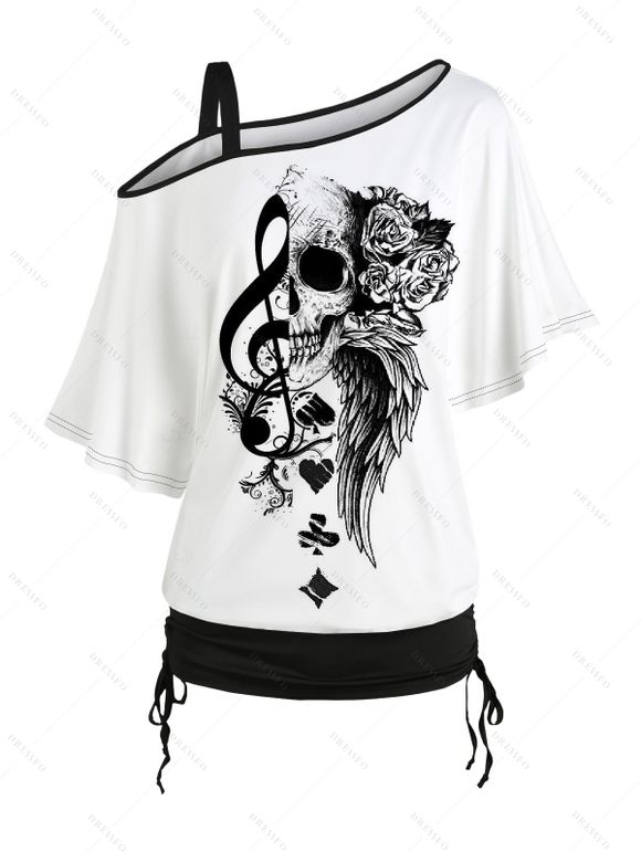 T-shirt gothique à col incliné et manches mi-chauve-souris, motif tête de mort, aile de rose, note de musique, éléments de cartes à jouer, haut de vacances cintré - Blanc XL | US 12
