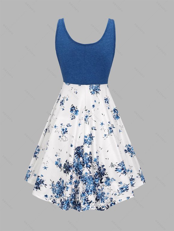 Mini Robe Fleur Imprimée en Couleur Contrastée sans Manches à Volants - Bleu profond XL | US 12