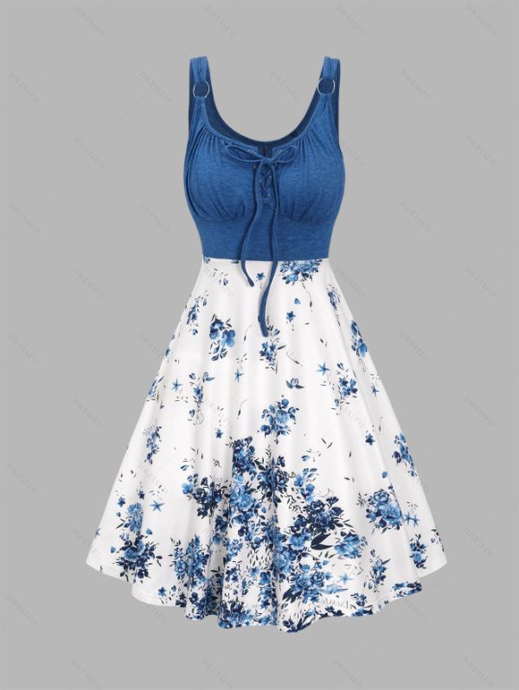 Mini Robe Fleur Imprimée en Couleur Contrastée sans Manches à Volants - Bleu profond M | US 6