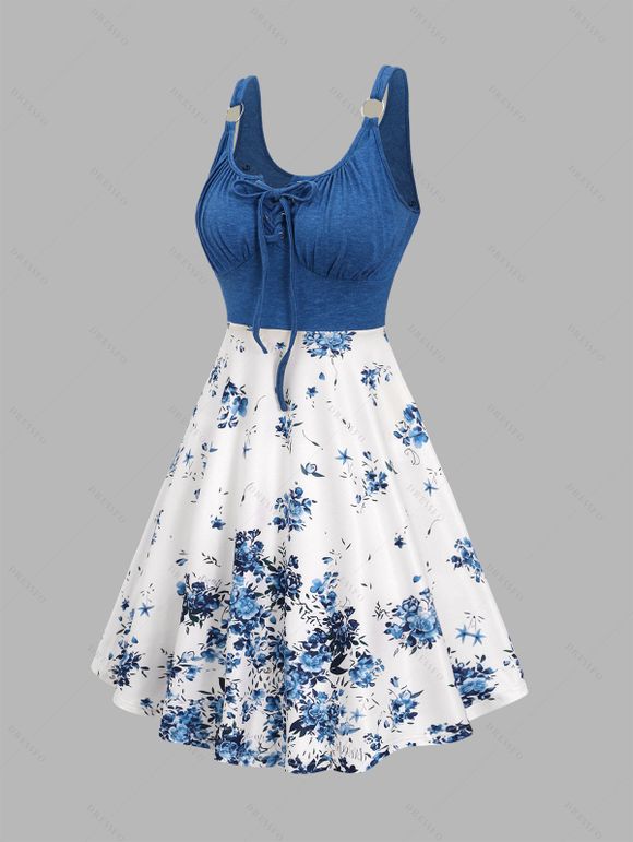 Mini Robe Fleur Imprimée en Couleur Contrastée sans Manches à Volants - Bleu profond XL | US 12