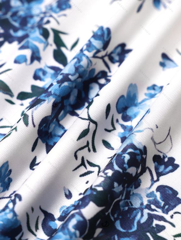 Mini Robe Fleur Imprimée en Couleur Contrastée sans Manches à Volants - Bleu profond XL | US 12