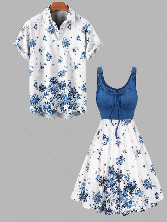 Vacation Flower Print Contrast Color Lace Up O Ring Mini Dress And Short Sleeve Shirt Outfit - Bleu profond S | US 4
