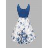 Mini Robe Fleur Imprimée en Couleur Contrastée sans Manches à Volants - Bleu profond M | US 6
