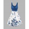 Mini Robe Fleur Imprimée en Couleur Contrastée sans Manches à Volants - Bleu profond S | US 4