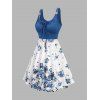 Mini Robe Fleur Imprimée en Couleur Contrastée sans Manches à Volants - Bleu profond S | US 4
