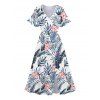 Robe de mariée à motif floral et feuilles, fendue, style tropical, manches évasées, col en V, coupe trapèze, mi-longue, décontractée - Bleu XL | US 12