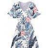Robe de mariée à motif floral et feuilles, fendue, style tropical, manches évasées, col en V, coupe trapèze, mi-longue, décontractée - Bleu XL | US 12