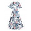 Robe de mariée à motif floral et feuilles, fendue, style tropical, manches évasées, col en V, coupe trapèze, mi-longue, décontractée - Bleu XL | US 12