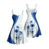 Robe de mariée à motif floral colorblock, robe de vacances décontractée à bretelles spaghetti, col en V, coupe trapèze, mini - Bleu S | US 4