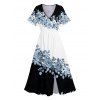 Vacation Couple Outfit Contrast Color Floral Leaf Pattern Slit Flare Sleeve V Neck A Line Midi Dress and Button Up Shirt Casual Matching Outfit - Noir S | US 4