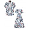 Wedding Couple Outfit Allover Floral Leaf Pattern Slit Tropical Plant Flare Sleeve Dress and Button Up Shirt Vacation Matching Outfit - Bleu S | US 4