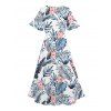 Wedding Couple Outfit Allover Floral Leaf Pattern Slit Tropical Plant Flare Sleeve Dress and Button Up Shirt Vacation Matching Outfit - Bleu S | US 4