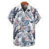Wedding Couple Outfit Allover Floral Leaf Pattern Slit Tropical Plant Flare Sleeve Dress and Button Up Shirt Vacation Matching Outfit - Bleu S | US 4