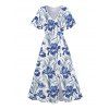 Robe de vacances fendue à motif floral et feuilles, manches évasées, col en V, coupe trapèze, mi-longue, décontractée - Bleu M | US 6
