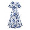 Robe de vacances fendue à motif floral et feuilles, manches évasées, col en V, coupe trapèze, mi-longue, décontractée - Bleu M | US 6