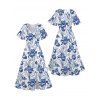 Robe de vacances fendue à motif floral et feuilles, manches évasées, col en V, coupe trapèze, mi-longue, décontractée - Bleu M | US 6