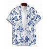 Chemise de vacances à motif floral et feuilles pour homme, boutonnée, retroussée, manches courtes, décontractée - Bleu XL