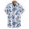 Chemise de vacances à motif floral et feuilles pour homme, boutonnée, retroussée, manches courtes, décontractée - Bleu XL