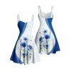 Wedding Couple Outfit Flower Colorblock Pattern Spaghetti Strap V Neck A Line Mini Tank Dress and Button Up Shirt Vacation Matching Outfit - Bleu S | US 4