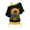T-shirt 2 en 1 à col en V et manches chauve-souris, motif tournesol et lune, effet imitation twinset - Noir XL | US 12
