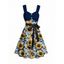 Robe de vacances à motif de feuilles de tournesol, boutonnage factice, buste froncé, ceinture, taille empire, robe trapèze mini décontractée - Bleu M | US 6