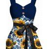 Robe de vacances à motif de feuilles de tournesol, boutonnage factice, buste froncé, ceinture, taille empire, robe trapèze mini décontractée - Bleu M | US 6