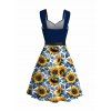 Robe de vacances à motif de feuilles de tournesol, boutonnage factice, buste froncé, ceinture, taille empire, robe trapèze mini décontractée - Bleu M | US 6