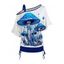 T-shirt 2 en 1 style gothique imprimé champignon, col asymétrique, manches chauve-souris, coupe cintrée, idéal pour les vacances - Bleu M | US 6
