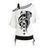 T-shirt gothique à col incliné et manches mi-chauve-souris, motif tête de mort, aile de rose, note de musique, éléments de cartes à jouer, haut de vacances cintré - Blanc XL | US 12
