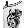 T-shirt gothique à col incliné et manches mi-chauve-souris, motif tête de mort, aile de rose, note de musique, éléments de cartes à jouer, haut de vacances cintré - Blanc XL | US 12
