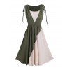 Women Vacation Outfit Colorblock Cinched Shoulder O-ring Belt Faux Twinset Dress and Round Shape Life Tree Pattern Earrings Embroidered Star Printed Boots Set - Vert profond S | US 4