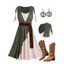 Women Vacation Outfit Colorblock Cinched Shoulder O-ring Belt Faux Twinset Dress and Round Shape Life Tree Pattern Earrings Embroidered Star Printed Boots Set - Vert profond S | US 4
