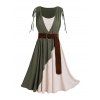 Women Vacation Outfit Colorblock Cinched Shoulder O-ring Belt Faux Twinset Dress and Round Shape Life Tree Pattern Earrings Embroidered Star Printed Boots Set - Vert profond S | US 4